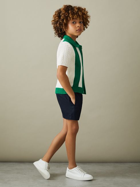 Reiss White/Bright Green Painter Junior Knitted Cotton Zip Front Shirt