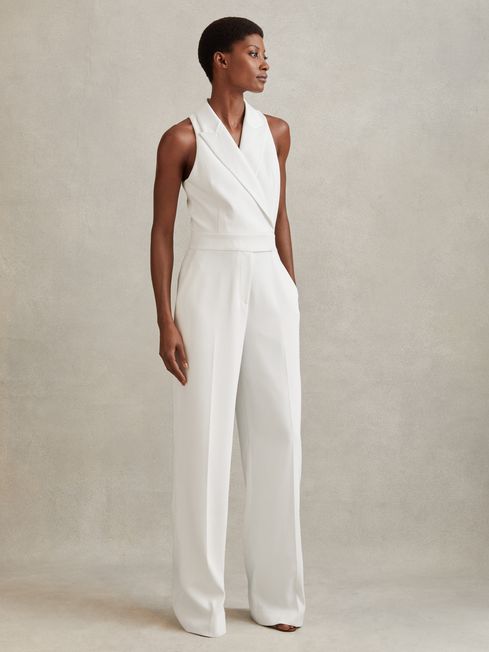Reiss White Lainey Petite Double Breasted Satin Tux Jumpsuit