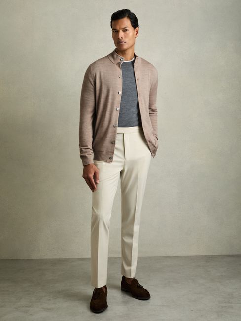 Merino Wool Button Through Funnel Neck Cardigan in Wheat Melange REISS Australia