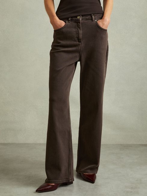 Reiss Chocolate Layla Relaxed Garment Dyed Wide Leg Jeans