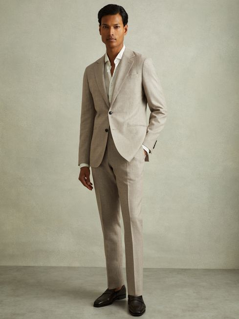 Reiss Oatmeal Elliot Checked Side Adjuster Trousers in Wool-Linen
