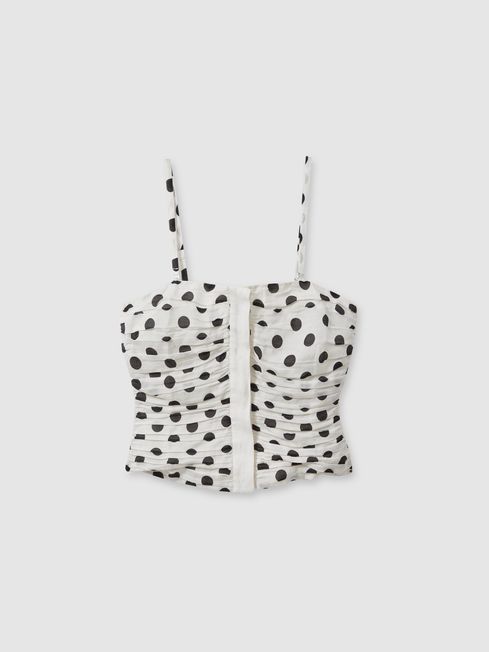 Viscose Linen Polka Dot Ruched Strapless Top in White Black REISS Germany