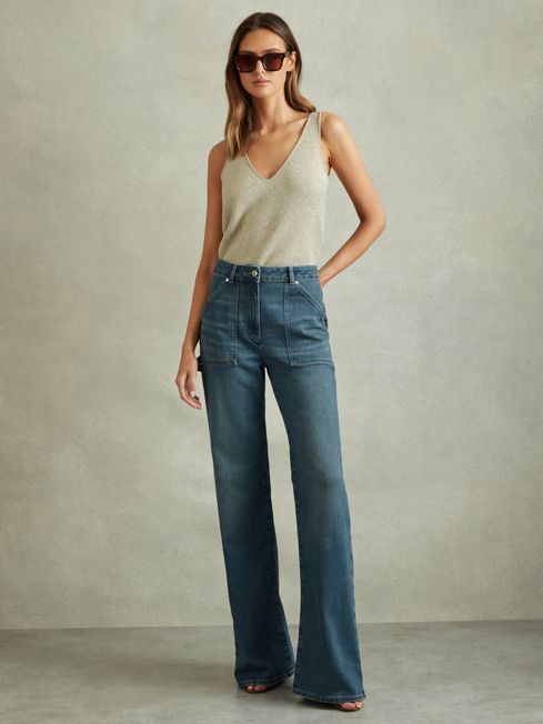 Mid Rise Flared Utility Jeans in Mid Blue REISS Germany