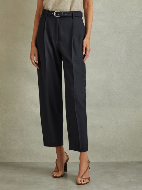 Reiss Navy Freja Petite Tapered Belted Trousers