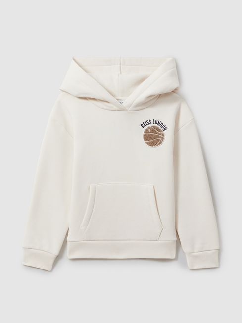 Reiss Off White Cottle Relaxed Embroidered Basketball Hoodie