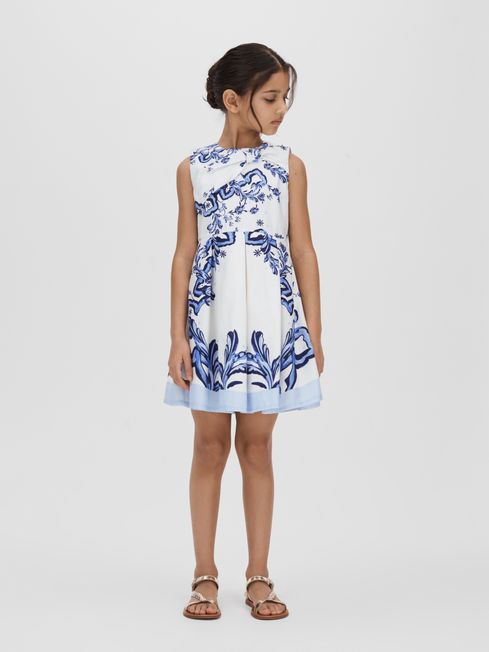 Reiss Blue Print Emiline Junior Cotton Tile Print Pleated Dress