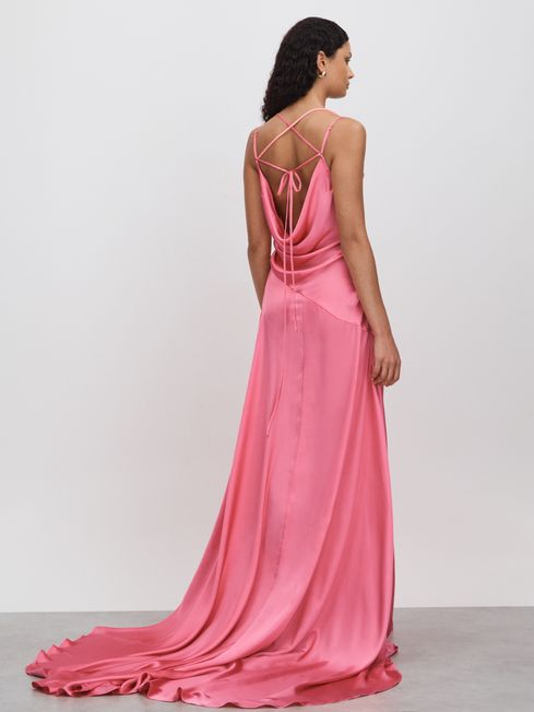 Leo Lin Ruched Cowl Neck Satin Maxi Dress