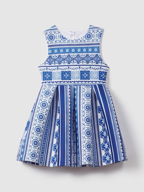 Reiss Blue Print Lena Teen Tile Print Scuba Fit-and-Flare Dress