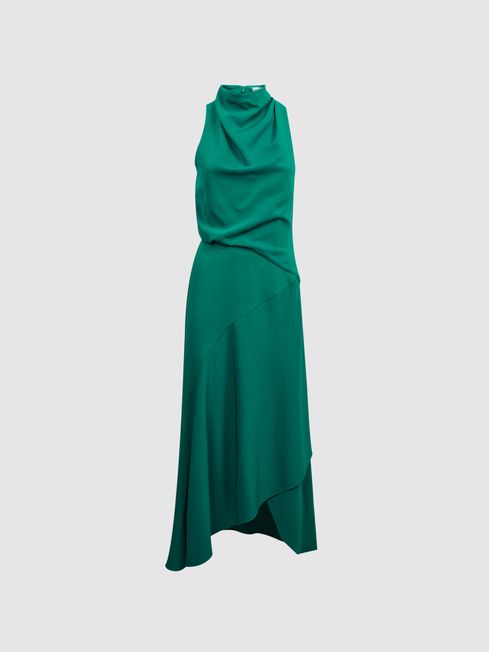 Reiss Green Giana Petite High Neck Draped Midi Dress