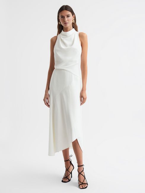 Reiss Ivory Giana High Neck Draped Midi Dress