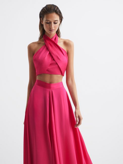 Reiss Pink Ruby Cropped Halter Occasion Top