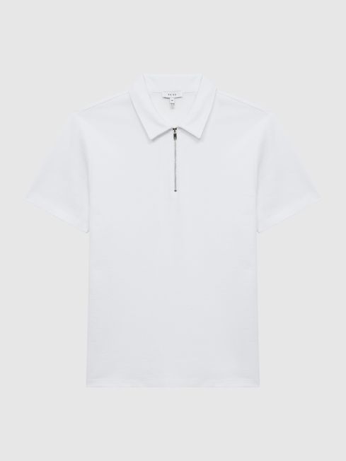 Reiss White Billy Textured Half Zip Jersey Polo T-Shirt