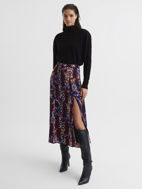 Abstract Floral Slip Skirt in Black