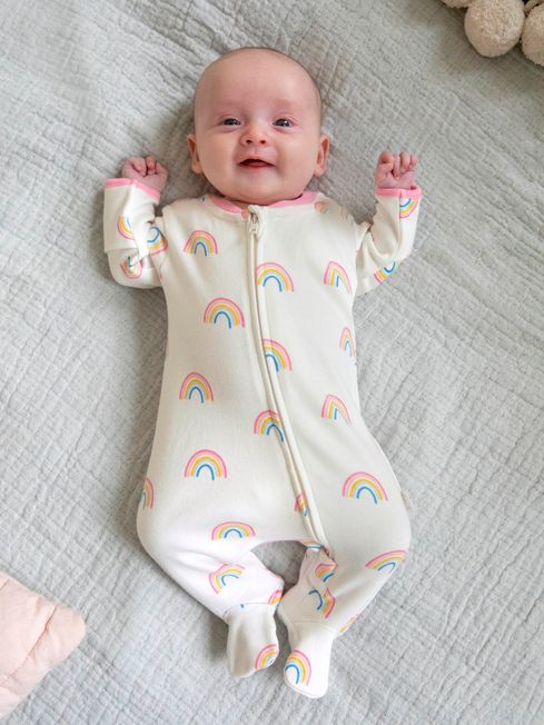 JoJo Maman Bébé Cream Rainbow Print Zip Baby Sleepsuit