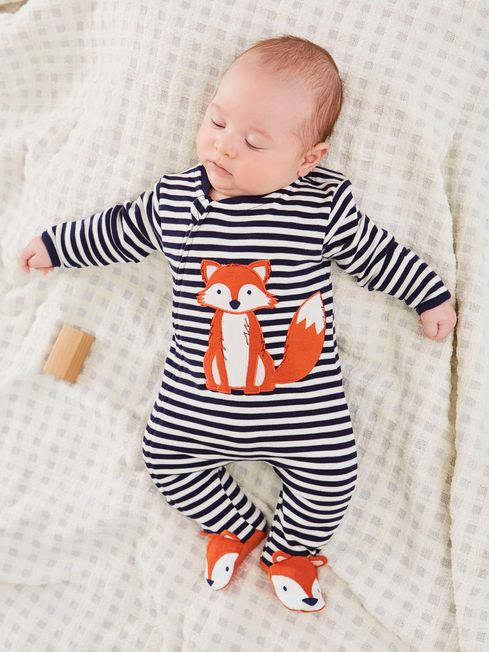 JoJo Maman Bébé Navy Ecru Stripe Fox Appliqué Zip Cotton Baby Sleepsuit