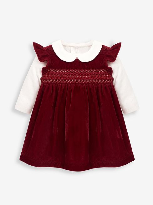JoJo Maman Bébé Red 2-Piece Smocked Velvet Baby Dress & Body Set