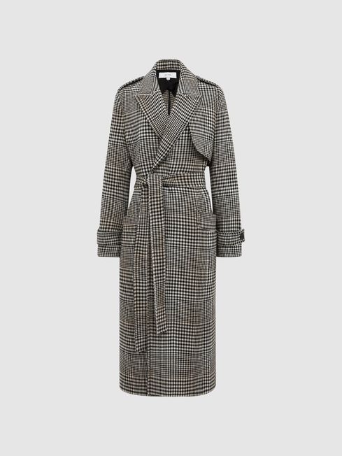 Reiss Black/White Nara Wool Blend Checked Trench Overcoat