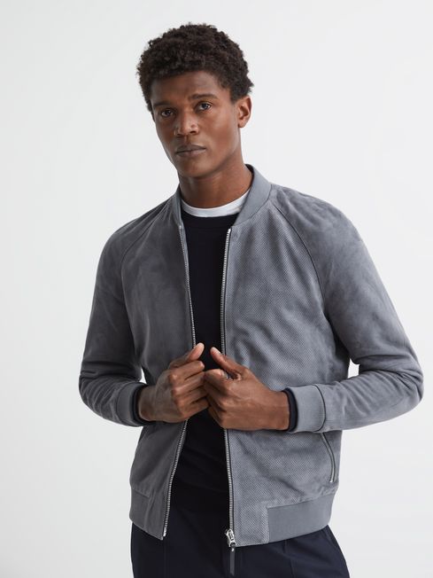 Reiss Soft Blue Clark Suede Zip Through Perforated Bomber Jacket