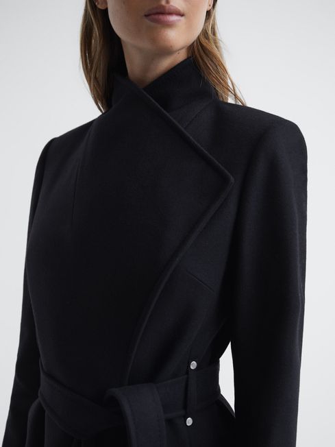 Reiss Black Belle Cashmere Wool Blend Wrap Collar Belted Coat