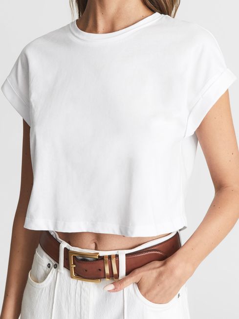 White cropped crew neck top