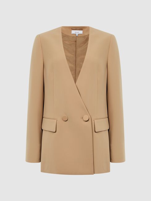 Reiss Neutral Margeaux Collarless Double-Breasted Blazer