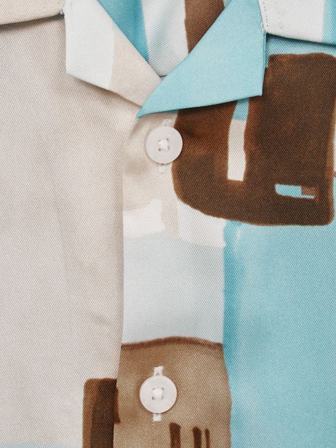 Reiss Teal Deekay Senior Slim Fit Cuban Collar Abstract Print Shirt