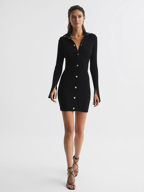 Ribbed Button Collar Mini Dress in Black