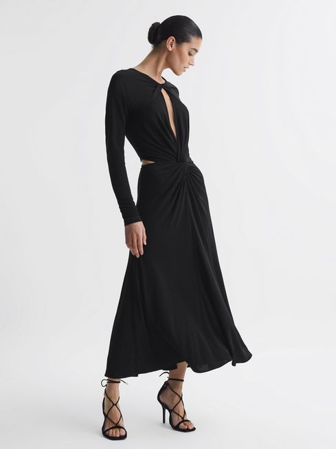 Reiss Black Faye Twist Cut-Out Midi Dress