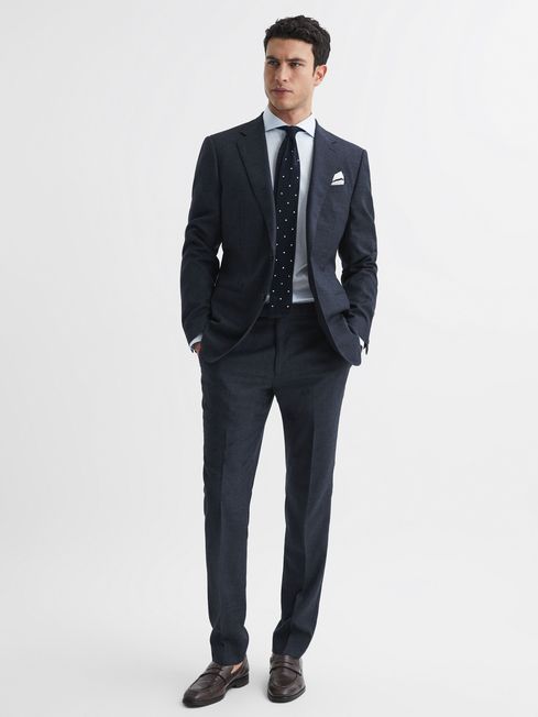 Reiss Navy Dunn Slim Fit Wool Textured Trousers