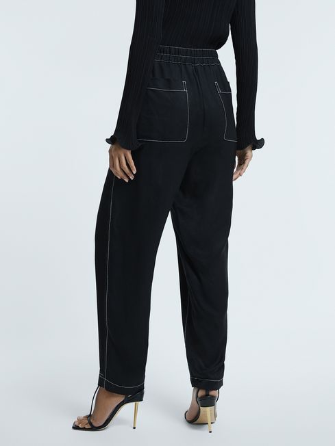 Reiss Black Georgina Atelier Italian Relaxed Contrast Stitch Drawstring Trousers