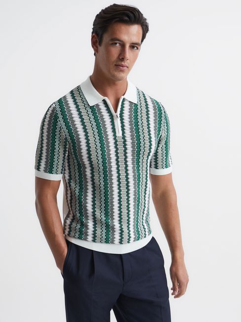 Reiss Sage Redbourne Slim Fit Half Zip Stripe Polo Shirt