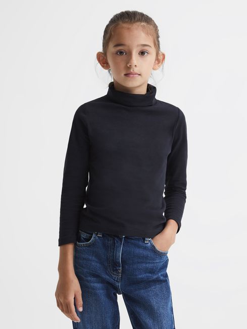 Senior Cotton Blend Roll Neck Top in Navy REISS USA