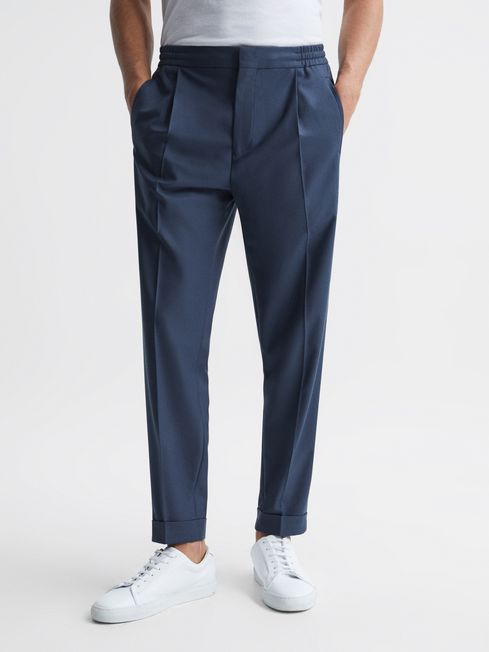 Reiss Steel Blue Brighton Relaxed Drawstring Trousers with Turn-Ups