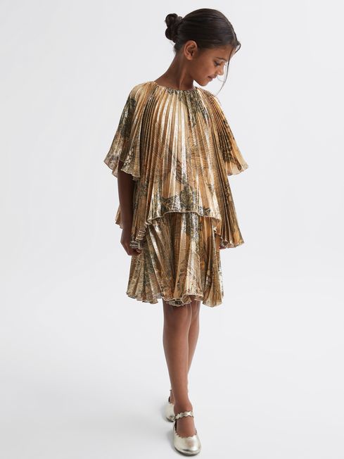 Reiss Gold Rhea Junior Metallic Pleated Tiered Dress