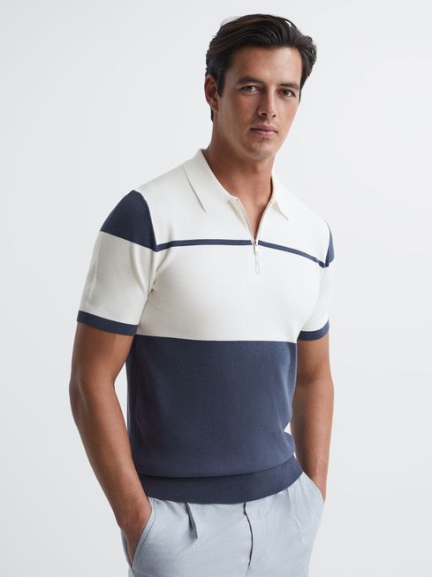 Reiss Airforce Blue/White Rome Slim Fit Half Zip Colourblock Polo Shirt