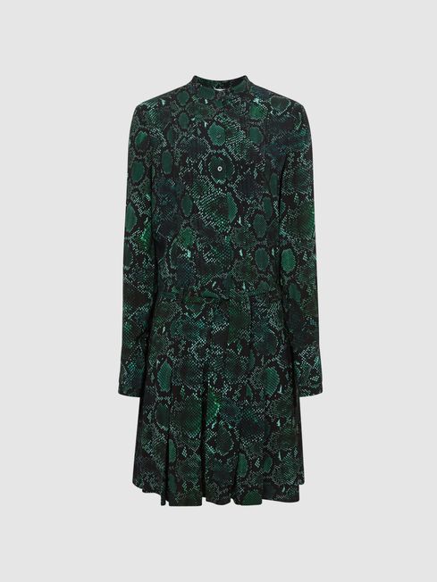 Reiss Green Scarlett Snake Print Flippy Mini Dress