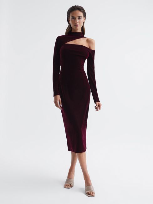 Reiss Burgundy Tatiana Petite Velvet Cut-Out Shoulder Dress