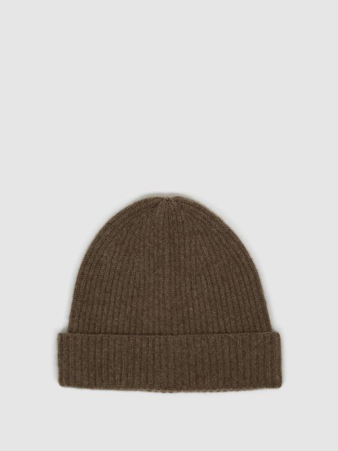 Reiss Taupe Clyde Ribbed Cashmere Beanie Hat