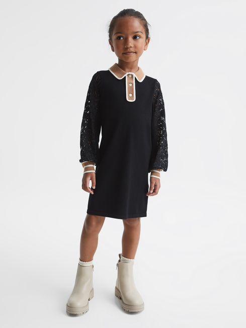 Reiss Black Emmie Junior Lace Detail Knitted Dress