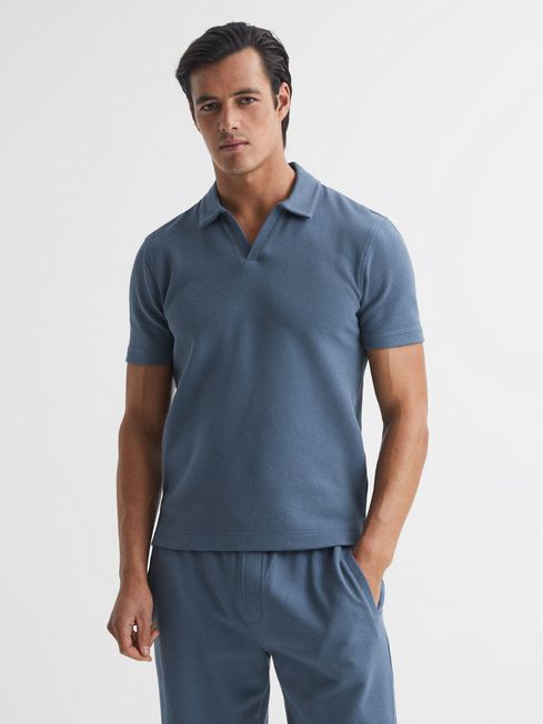 Reiss Airforce Blue Thom Short Sleeve Open Collar Polo Shirt