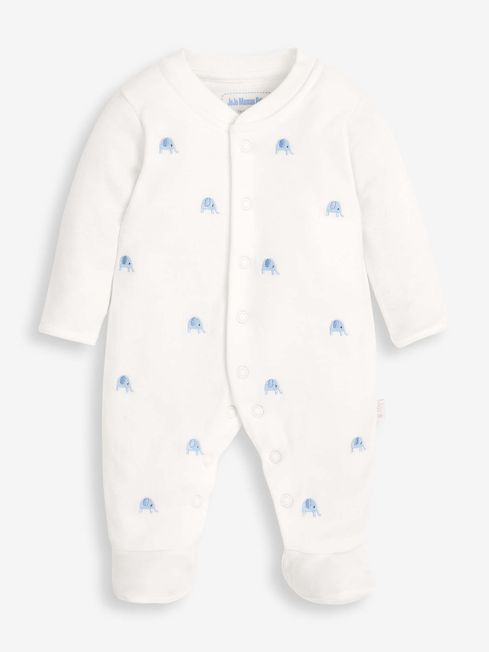 JoJo Maman Bébé Blue Elephant Embroidered Cotton Baby Sleepsuit