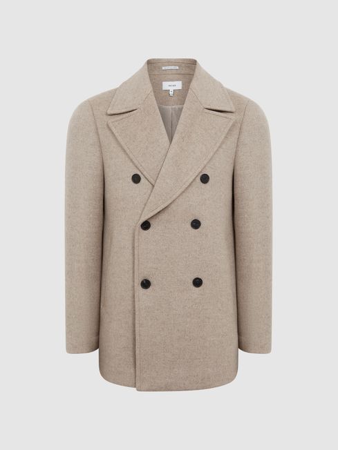 Wool Blend Herringbone Peacoat in Oatmeal