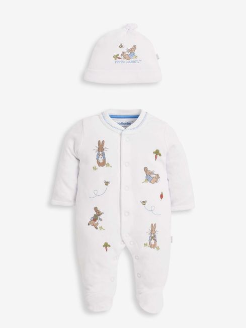 JoJo Maman Bébé White Peter Rabbit Cotton Embroidered Baby Sleepsuit & Hat Set