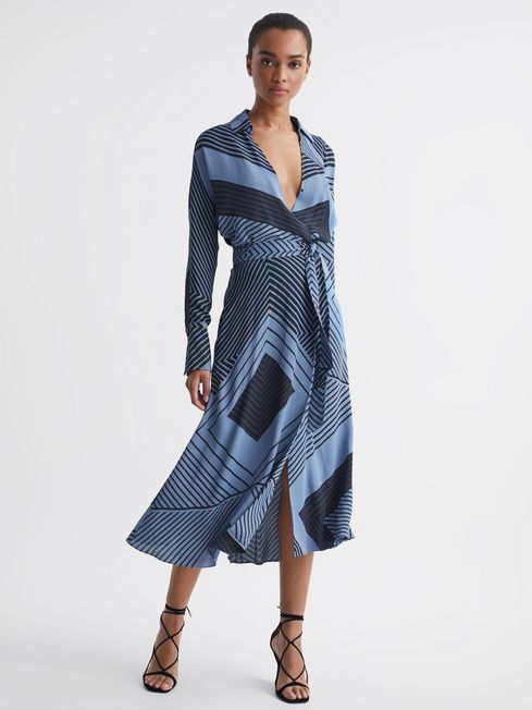 Reiss Blue Talia Printed Spliced Midi Dress