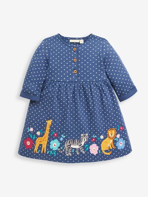 JoJo Maman Bébé Denim Blue Safari Animals Girls' Appliqué Button Front Dress