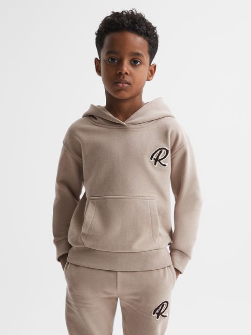 Reiss Taupe Cade Junior Relaxed Garment Dyed Logo Hoodie