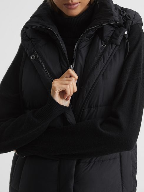 Reiss Black Antonia Hooded Long Sleeveless Puffer Gilet Coat