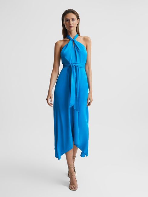 Reiss Blue Evvie Halter Midi Occasion Dress