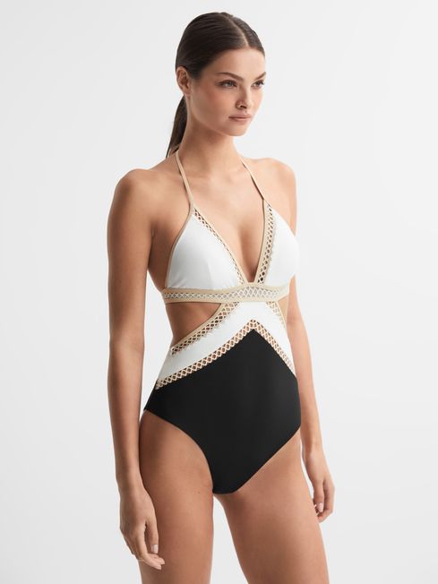 Reiss Black/White Savannah Lattice Halterneck Swimsuit