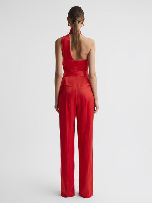Reiss Red Jules Satin Halter Neck Fitted Jumpsuit